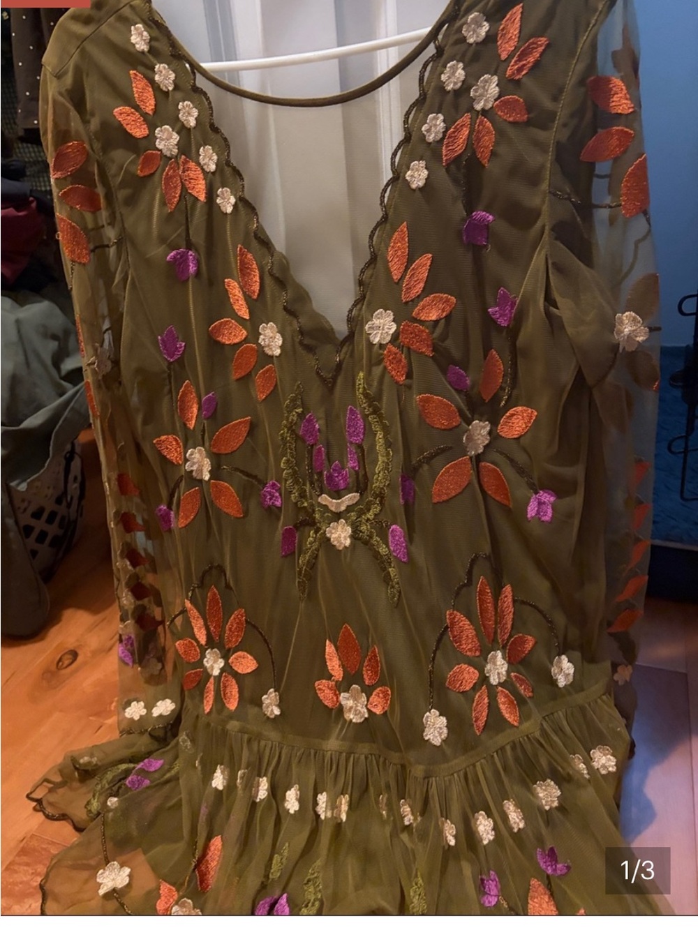 Free People Olive Embroidered Floral V-Neck Women's Top